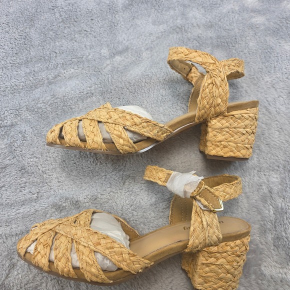 Farylrobin Women 8.5 Tan Block Heel Sandals Woven Raffia Braided Anthropologie - Picture 7 of 9